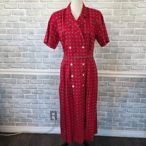 Vintage 80s Red Nautical Shirt Midi Dress Linen Cotton Preppy Secretary Retro